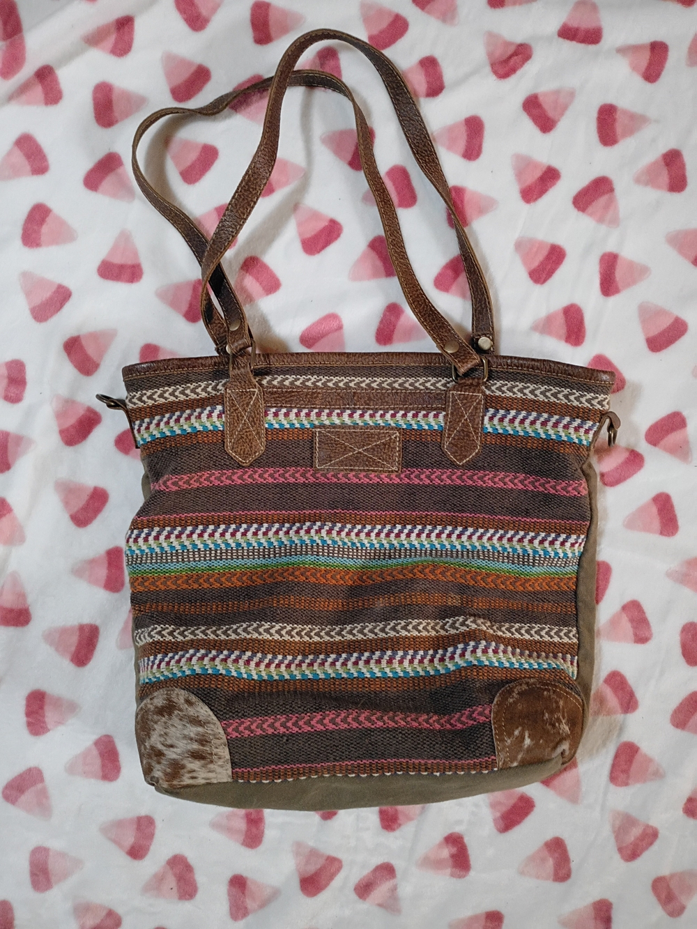 Myra Bag Brown Striped Boho Tote with Pink and Orange Accents